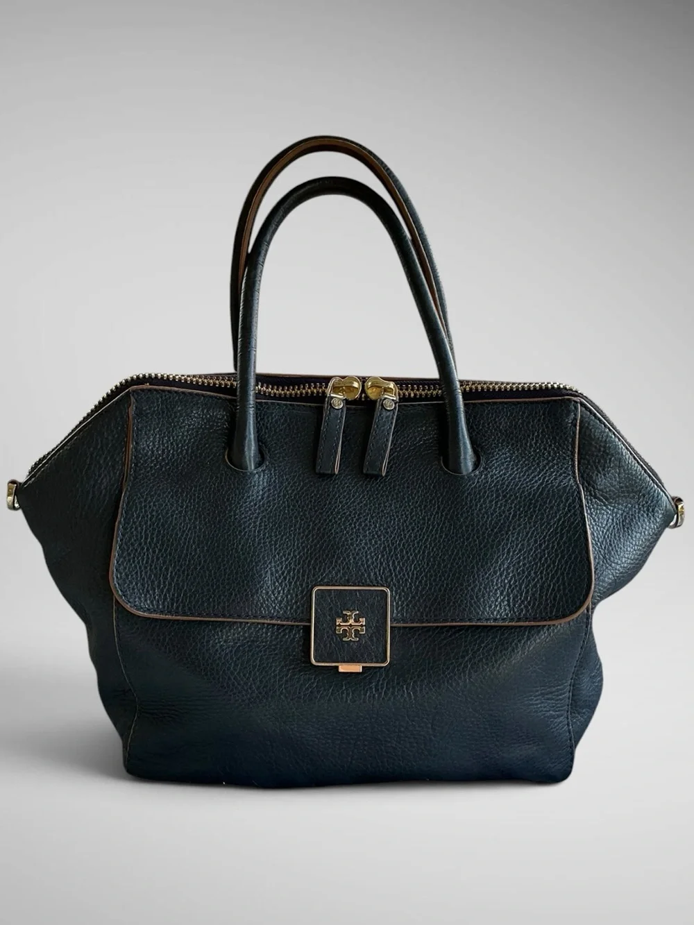 Tory Burch Clara Leather Satchel Navy Tan Trim Shoulder Strap